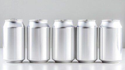 Five blank silver cans arranged in row