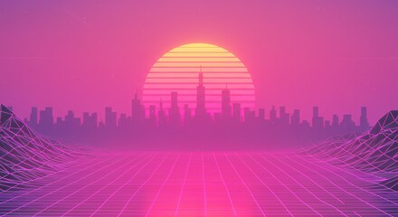 Retro Cityscape Sunset 80s Synthwave Background Art