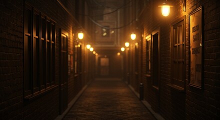 Dark Alleyway Night Scene with Warm Lighting and Brick Walls