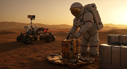 Astronaut in a spacesuit with a scanner setting up equipment to explore the surface of the planet. Colonization of mars. Solar system. Space theme