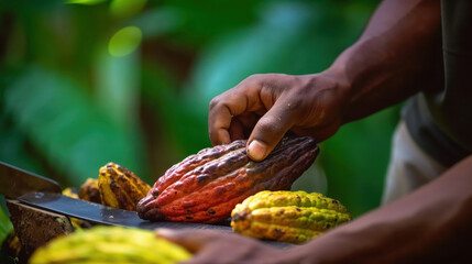 Farmer holding fresh cocoa pod in plantation