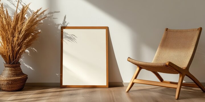 A minimalist interior features a blank canvas in a wooden frame, paired with a wicker chair and decorative elements in sunlight.