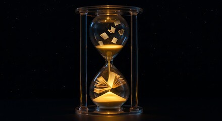 Tranquil hourglass, flowing time, reading books, knowledge's passage.  Glass learning.