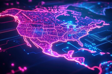 Digital map of North America with glowing circuit patterns, symbolizing global connectivity and data flow between the region's countries, in neon blue and pink colors Generative AI
