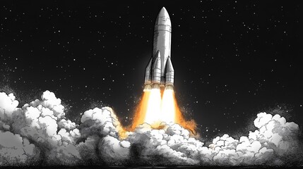 Rocket Launch into the Vast Expanse of Space Illustration with White Background