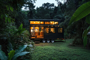 Tiny house illuminating tropical forest at dusk promoting sustainable living