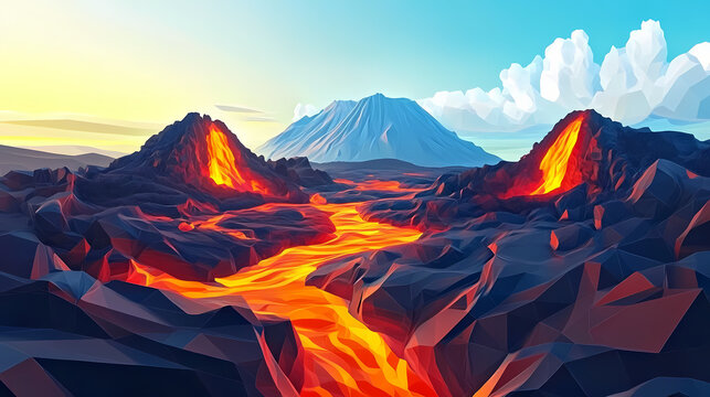 Low-poly volcanic landscape with flowing lava. Lava Lagoon. Illustration