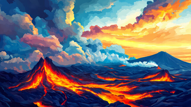 Low-poly volcanic landscape with flowing lava. Lava Lagoon. Illustration