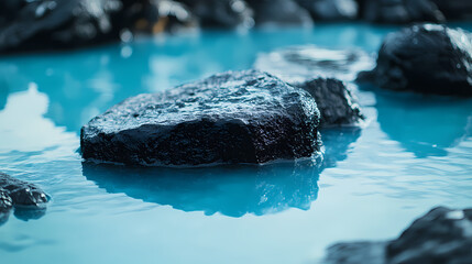 Serene close-up of black lava stones at the tranquil blue lagoon spa, inviting relaxation and rejuvenation. Lava Lagoon. Illustration
