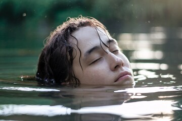 Obraz premium Serene Immersion in Water's Embrace. Young person with closed eyes, serenely floating in dark water, their face partially submerged, creating a tranquil and meditative mood.