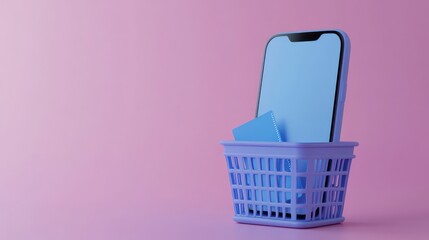 3d minimal cartoon smartphone with blue coupon voucher ticket with a basket 3D render