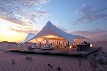 Tourists enjoying luxury desert camp at sunset in the empty quarter