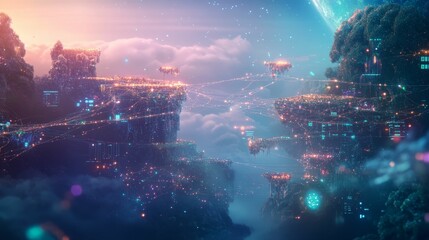 Obraz premium Floating, luminous islands connected by glittering lines.