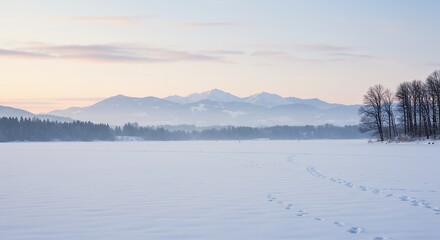 Frozen Lake Winter Landscape with Mountain Range