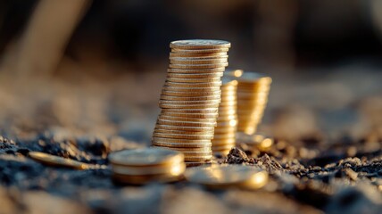 Stacks of golden coins on soil with blurred background