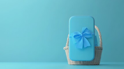 3d minimal cartoon smartphone with blue coupon voucher ticket with a basket 3D render