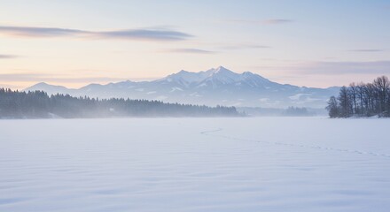 Obraz premium Frozen Lake Winter Landscape with Majestic Mountains