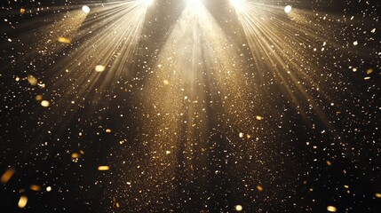 Sparkling golden confetti raining down on a festive stage illuminated by bright spotlight beams, creating a magical celebratory atmosphere.