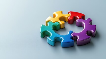 Colorful puzzle pieces forming circle on grey background