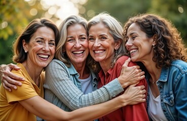 Obraz premium Four middle-aged women embrace warmly in park. Laughing happily. Women diverse. Appear to friends enjoying sunny day outdoors. Multiracial group of women smile, bond, showing close friendship.