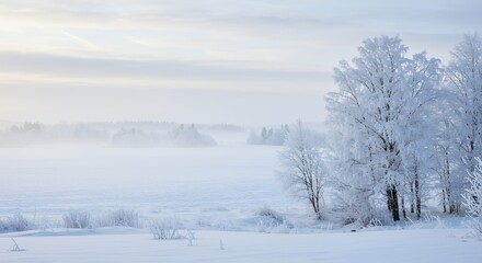 Serene Winter Landscape Frosty Trees Snowy Field