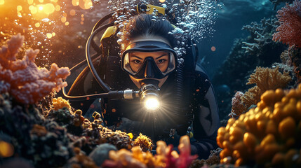 Female Technical Diver Exploring an Underwater Wreck