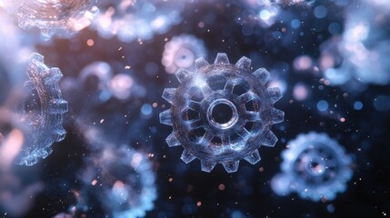 Fototapeta premium Rotating translucent digital gears symbolize the interconnectedness of technology, innovation, and engineering, enhanced by glowing particles against a dark background