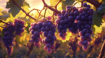 Close up of ripe purple grapes hanging on the vine in a vineyard at sunset, ready for harvest. The warm light of the setting sun illuminates the grapes, creating a beautiful and inviting scene