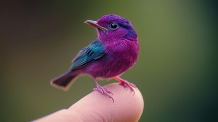 Obraz premium A vibrant purple bird rests delicately on a human finger, showcasing its intricate details