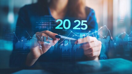 Businesswoman analyzing financial data and business growth in 2025