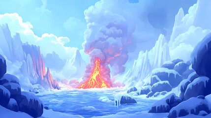 A beautiful and powerful scene of a volcano erupting with lava and steam. the water is frozen and the ice is melting, creating a dramatic and intense atmosphere. Lava Lagoon. Illustration