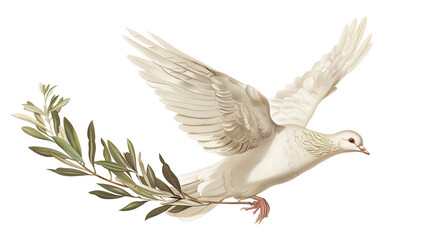 Fototapeta premium White Dove Flying With Olive Branch Symbolizing Peace and Hope in a Serene Setting