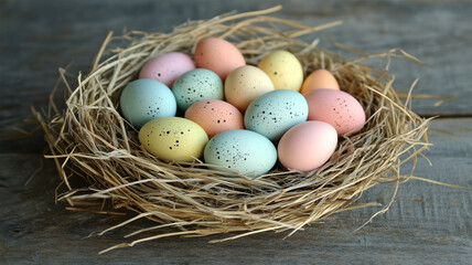Obraz premium カラフルな卵が飾るストロー素材の巣とナチュラルな雰囲気