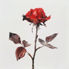 Isolated single red rose with long stem, natural green leaves, and visible thorns on a white background for romantic or botanical design