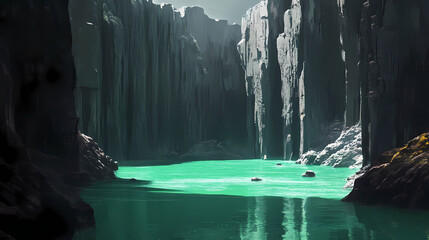A lagoon surrounded by towering volcanic cliffs, with the vibrant green water contrasting against the black rock formations. Lava Lagoon. Illustration