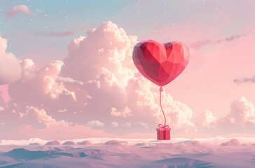 Obraz premium Flying red heart balloon with gift box in paper cut design, surrounded by clouds and trees on a soft pink Valentine background for commercial use or design templates