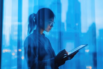 A woman in glasses analyzes data on her tablet against a city backdrop at night.