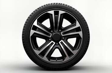 Side view of black car wheel with silver rim. High quality 3D illustration isolated on white background. Detailed design shows rubber tire, wheel. Suitable for automotive magazines websites. Black,