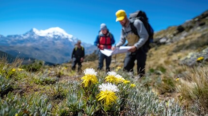 Hikers studying map near alpine flowers, mountain backdrop; travel brochure