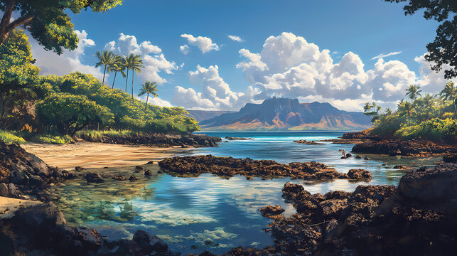 A serene spring day at hawaii beach, features historic lava. Lava Lagoon. Illustration