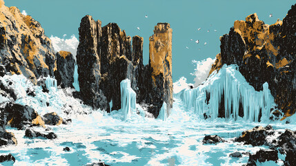 A striking contrast of volcanic rock and ice, with jagged black lava formations partially covered by clear, crystalline ice. Lava Lagoon. Illustration