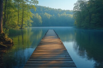 Tranquil Serenity: Wooden Dock Stretching Over Calm River Reflecting Nature's Beauty