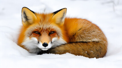 Fototapeta premium Majestic Red Fox in Pristine Snowy Wilderness: A Harmony of Color and Solitude in the Winter Landscape