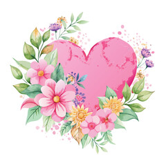 Watercolor pink heart with valentine colorful flowers vector art illustration