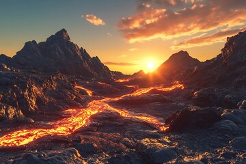 Fototapeta premium The rugged terrain of a volcanic island, with lava flows hardening under a setting sun.