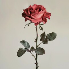 Single straight rose stem with red flower head, green leaves, and visible thorns, isolated on white background for product, print, or editorial use