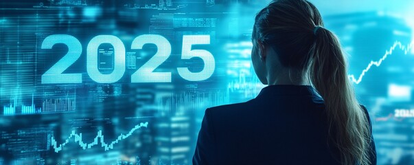 Businesswoman analyzing business data for year 2025 on digital interface