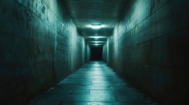 Mysterious dimly lit tunnel stretching into darkness, evoking an eerie, suspenseful atmosphere, perfect for themes of exploration or mystery.