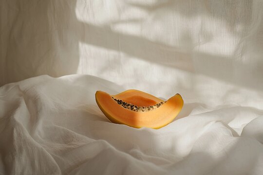 Freshly cut slice of ripe cantaloupe resting on a soft white fabric, illuminated by gentle sunlight