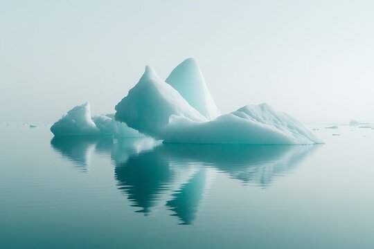 The stark beauty of an arctic landscape, with icebergs floating in calm, blue waters.